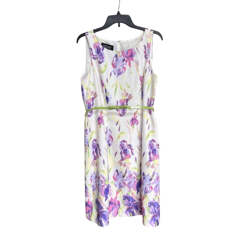 Evan-Picone Black Label Floral Dress Belted 10 Midi Shift Iris Watercolor Office